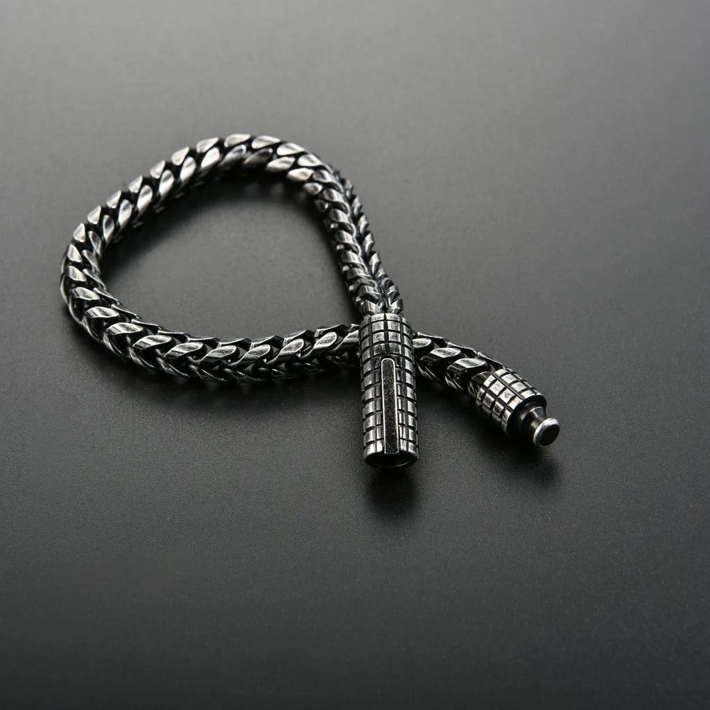 Custom stainless steel vintage mens bracelet with retro colour finish, 22.3 cm length, 30 g weight, on neutral background