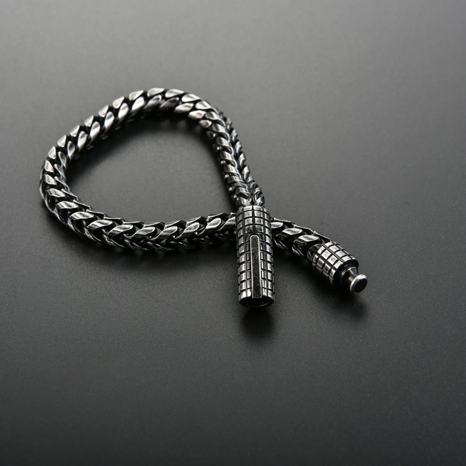 Custom stainless steel vintage mens bracelet with retro colour finish, 22.3 cm length, 30 g weight, on neutral background