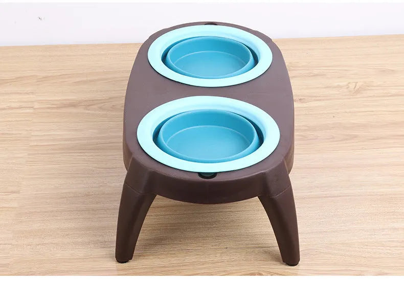 Folding pet double bowl in grey collapsed flat showing PP and TPR construction with two compartments