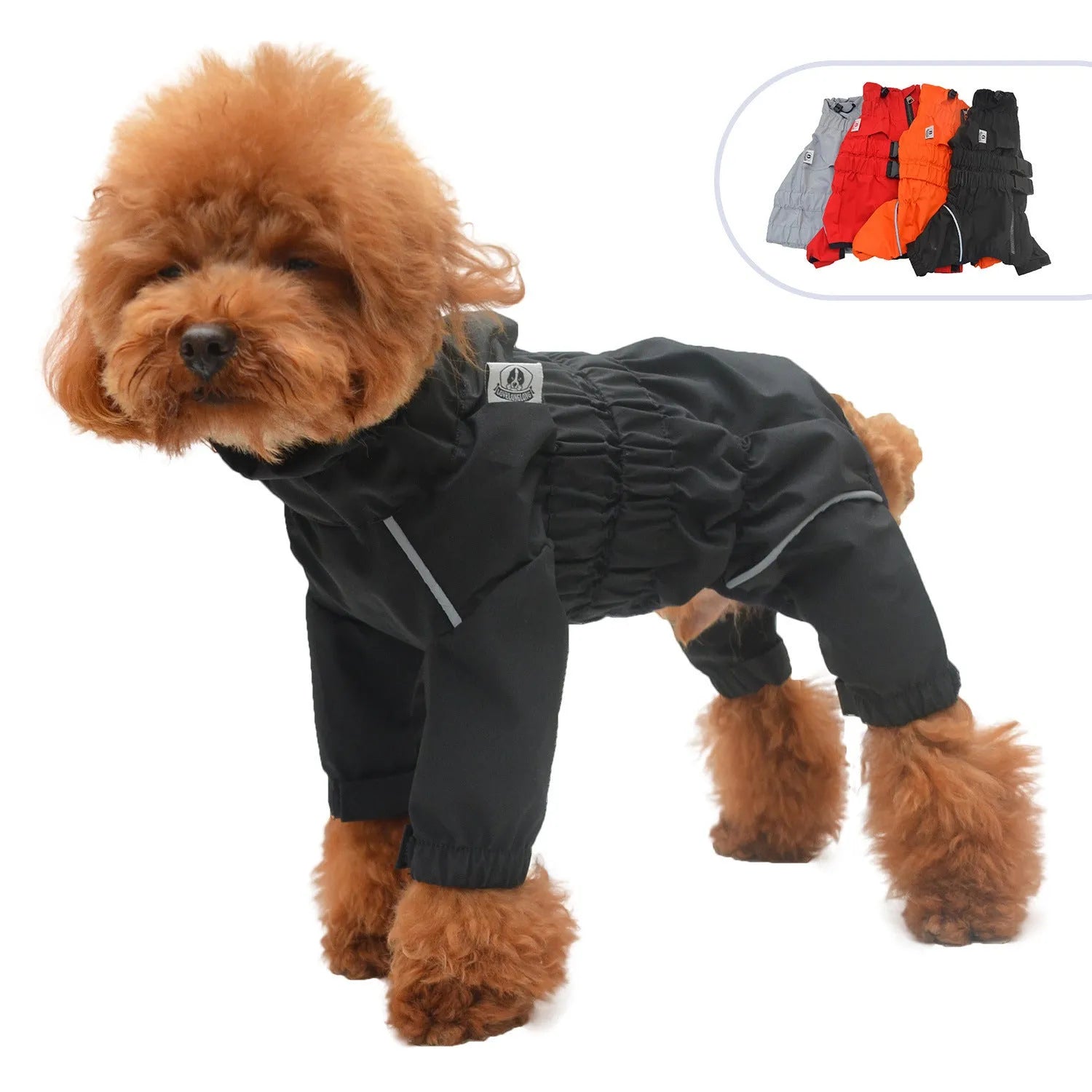 Outdoor four legged dog raincoat in black polyester with leg holes and adjustable fit