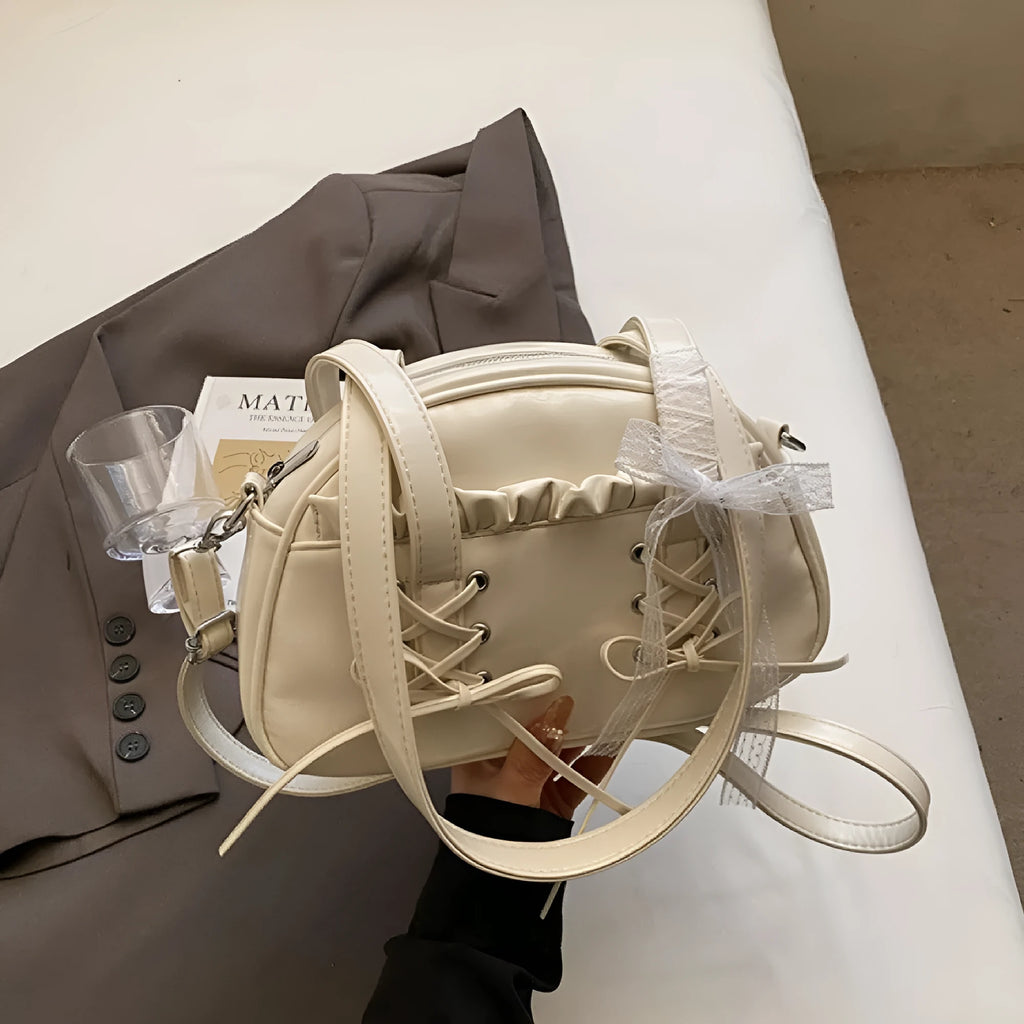Women's PU leather bandage bow handbag shoulder bag with phone pouch in milky white colour