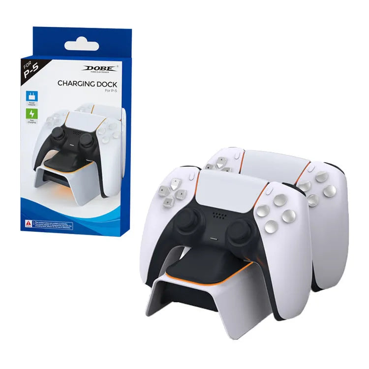 White PS5 dual controller charger for two DualSense gamepads with US or universal plug