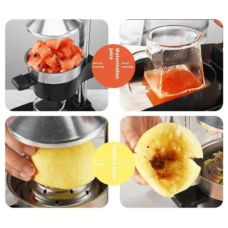 Black cast iron manual citrus juicer with stainless steel strainer and aluminium pressing gland