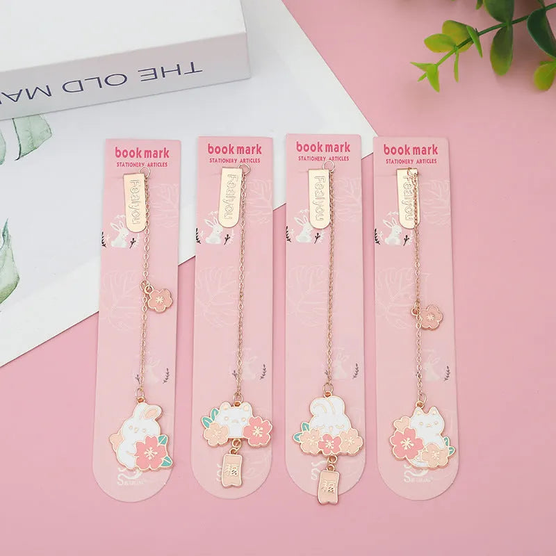 Metal pendant bookmark with cartoon cherry blossom cat and rabbit designs for books and journals