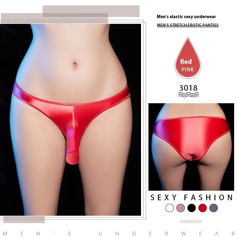 Men's low-waist T-back underwear in shiny nylon fabric showing colour options