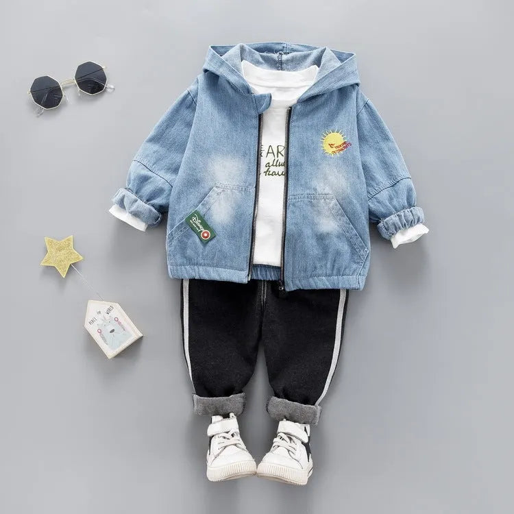 Denim three-piece children's cotton suit with zipper shirt top, coat, and pants for 80-110cm heights