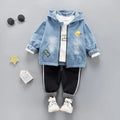 Denim three-piece children's cotton suit with zipper shirt top, coat, and pants for 80-110cm heights