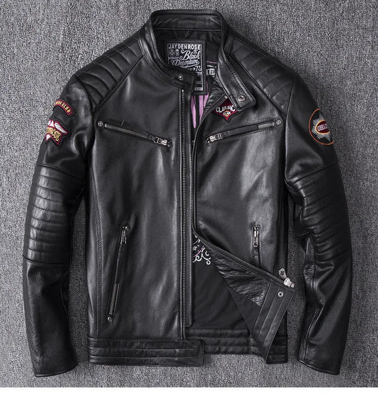 Men's stand collar genuine leather motorcycle jacket with skull pattern in black