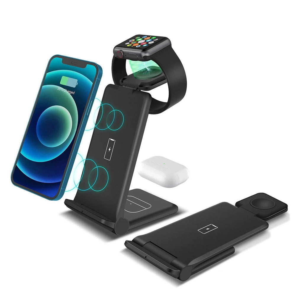 Black or white foldable 3-in-1 wireless charging station for phone, Apple Watch and AirPods