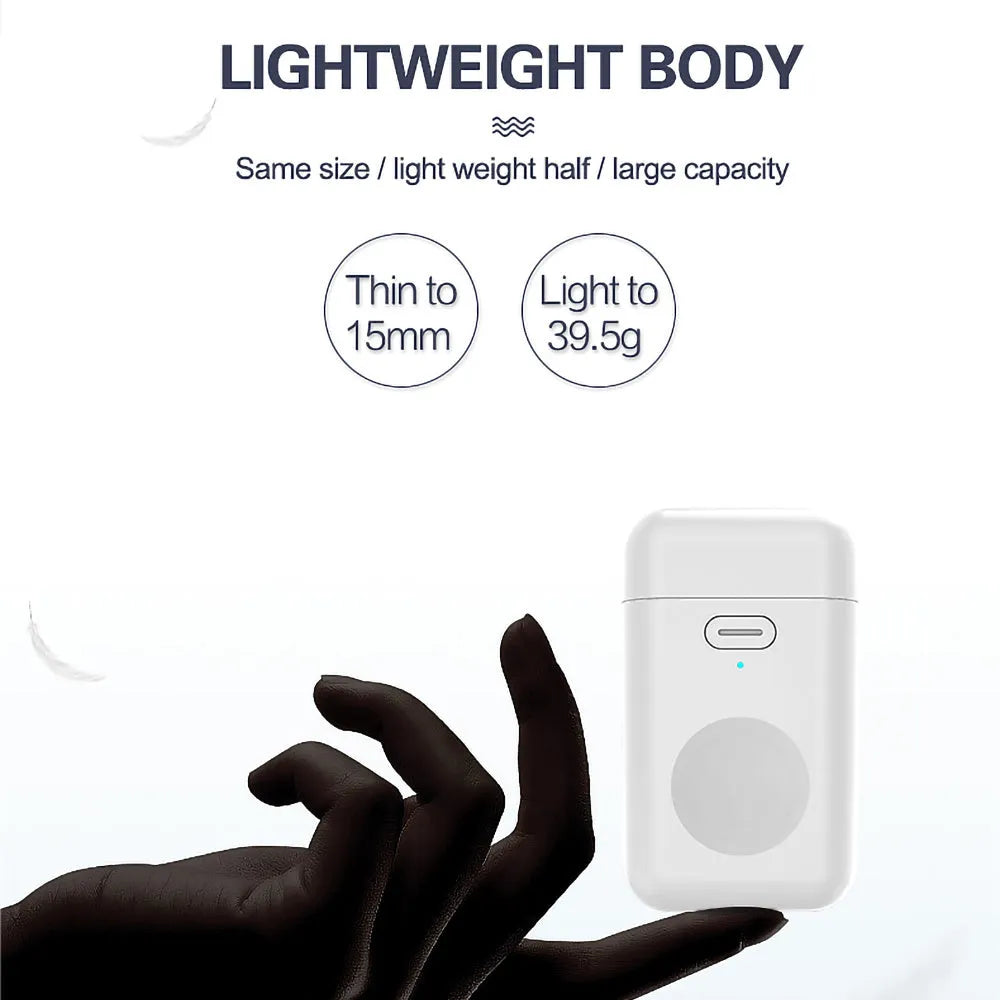 White 1000mAh mini wireless power bank for Apple Watch 1-5, 15 x 40 x 67 mm, magnetic portable charger.