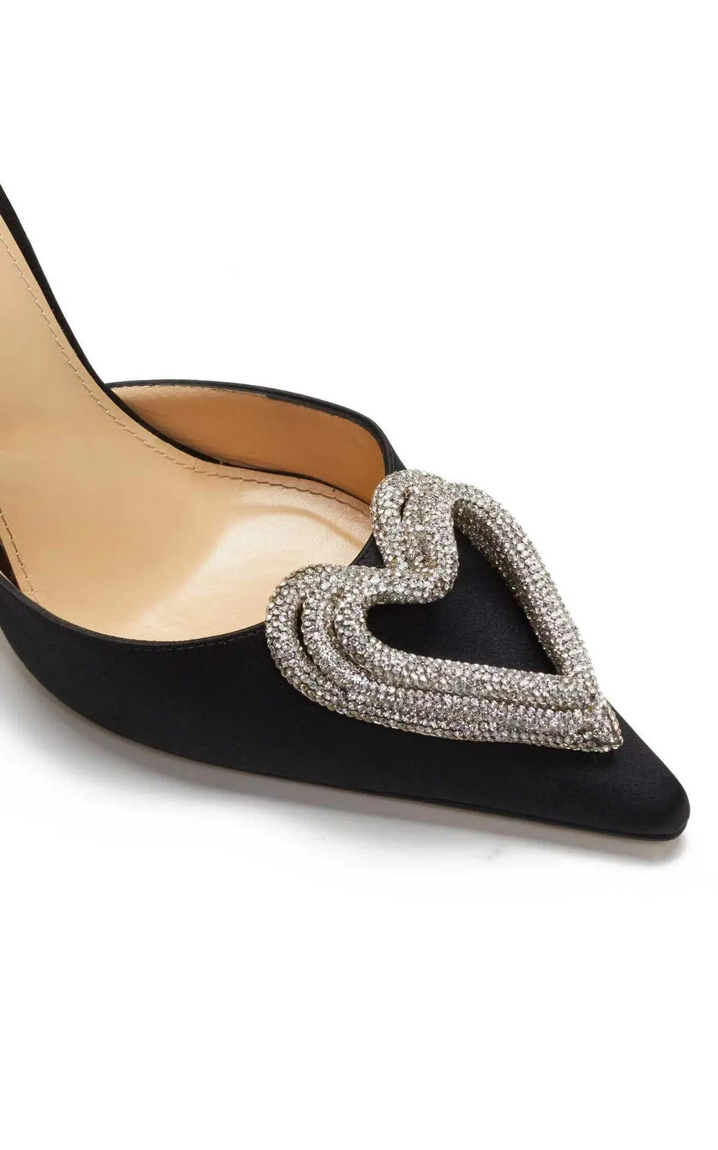 Women's pointed-toe sandals with heart-shaped rhinestone decoration on satin upper in pink, black or white