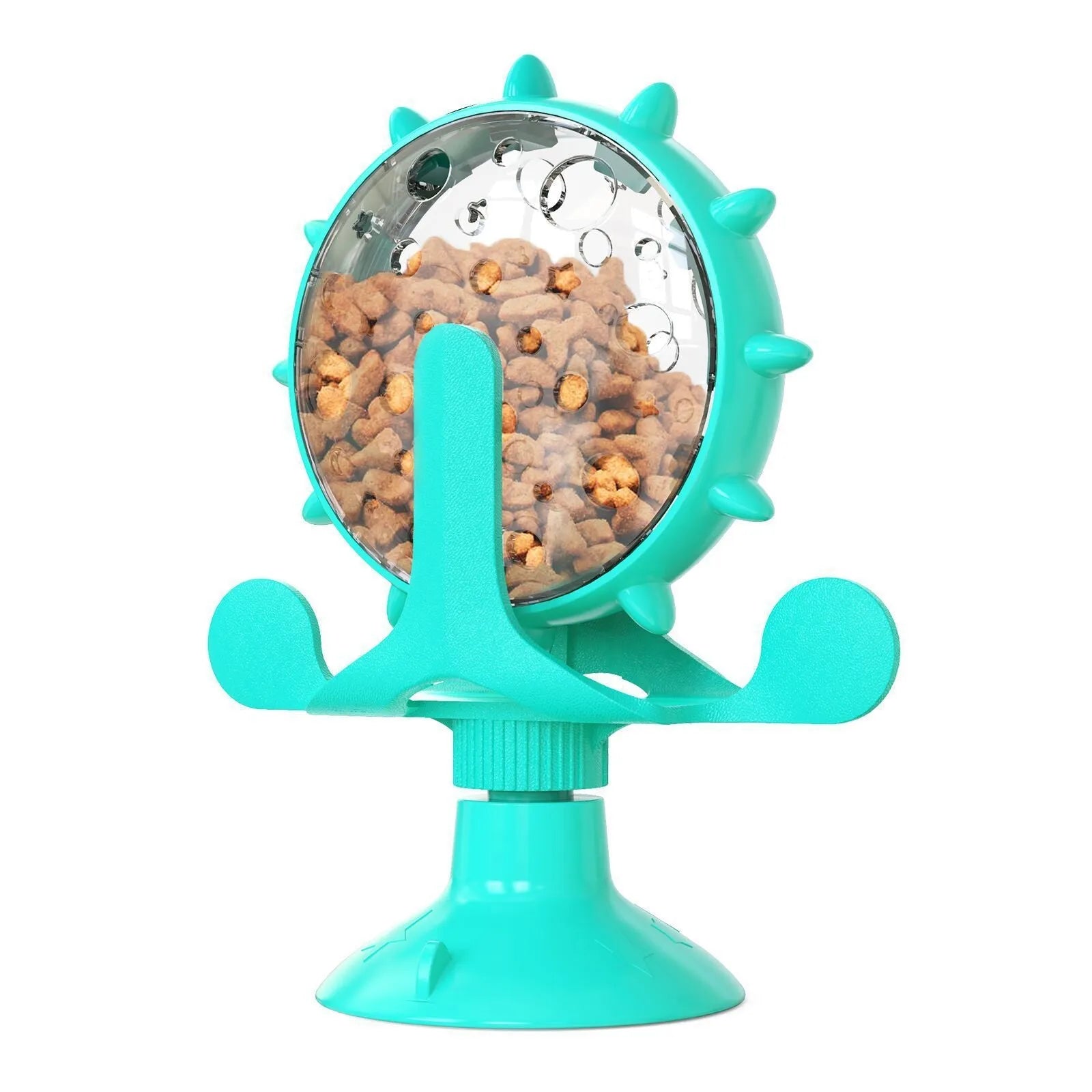 Interactive pet puzzle feeder toy with rotating spinner and sucker base in multiple colours