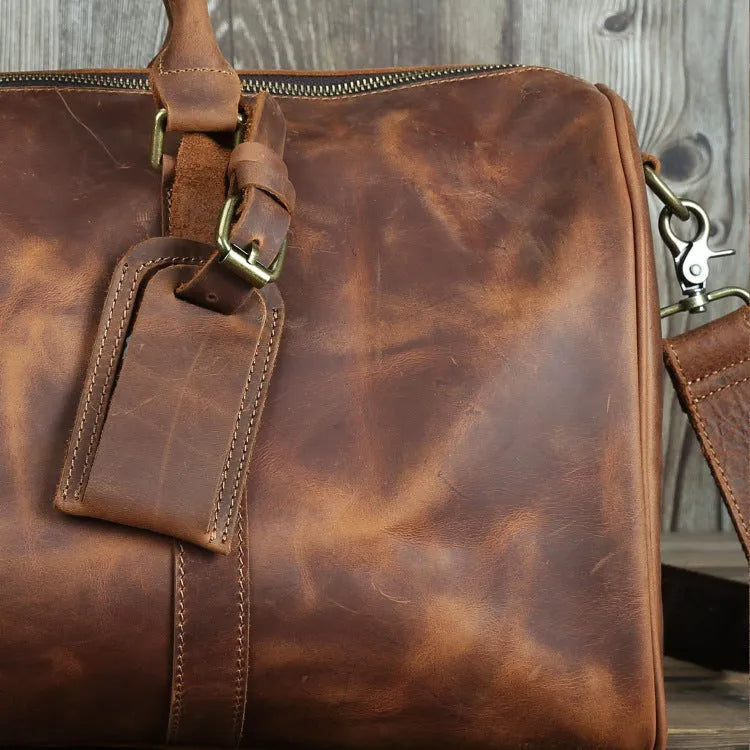 Horse leather men's travel bag in brown crazy horse cowhide finish, 50cm long