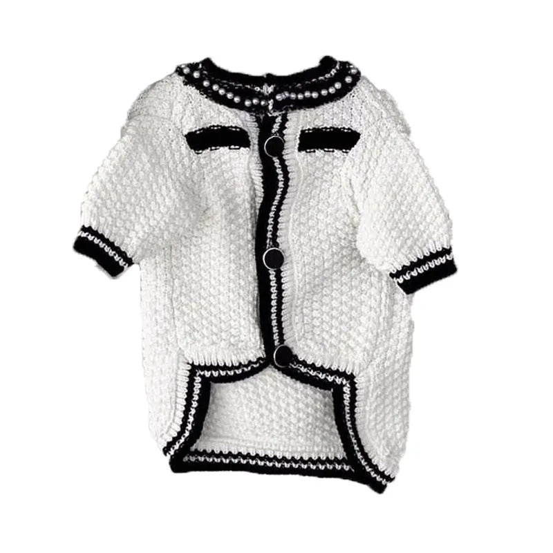 Korean style white puppy sweater with pearl collar on small dog