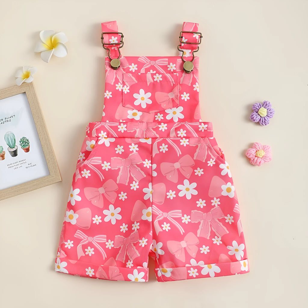 Baby flower cherry print cotton suspender pants in bright pink for toddlers fifth length