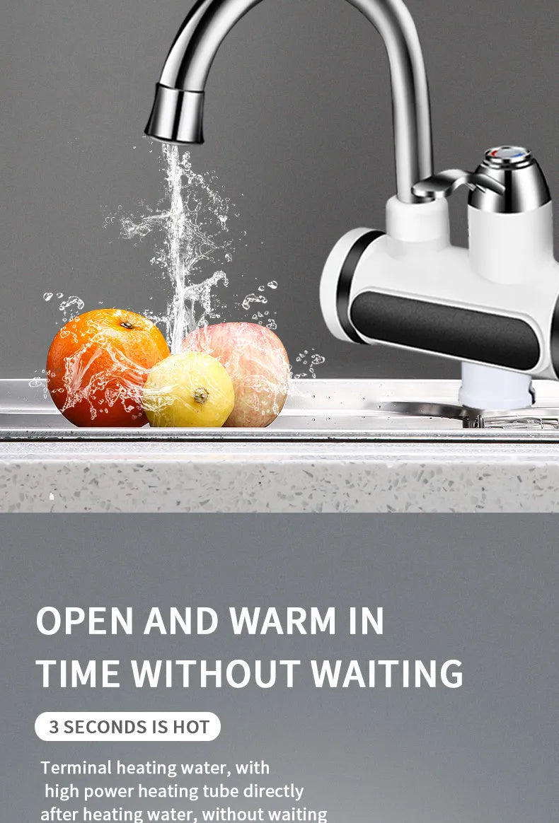 White kitchen electric instant water heater tap with digital temperature display.