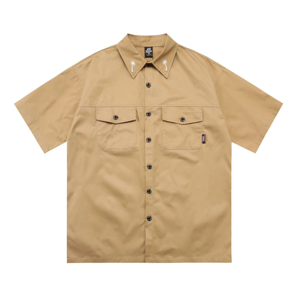 Men's black cotton blend embroidered work shirt with half sleeves and loose fit design