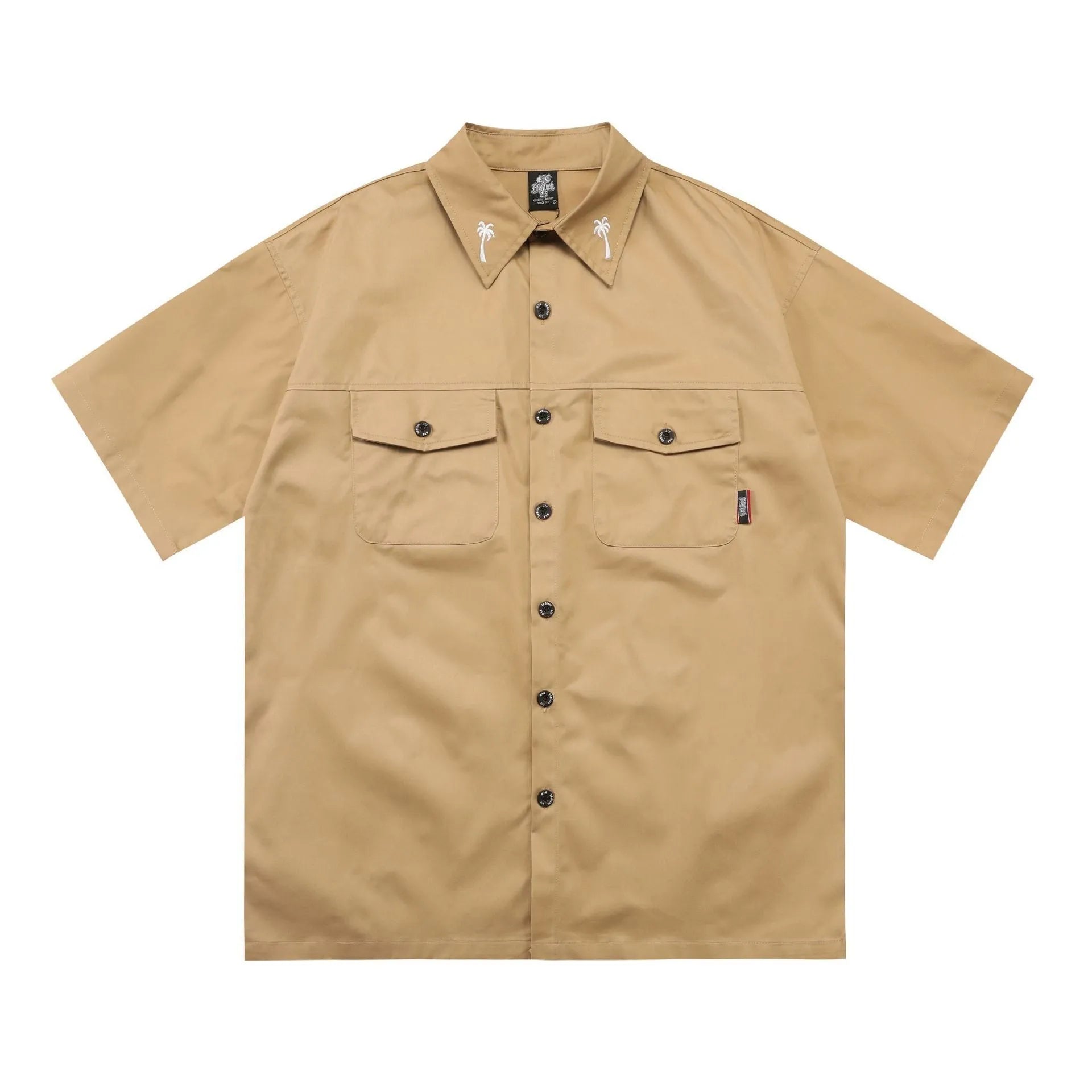 Men's black cotton blend embroidered work shirt with half sleeves and loose fit design