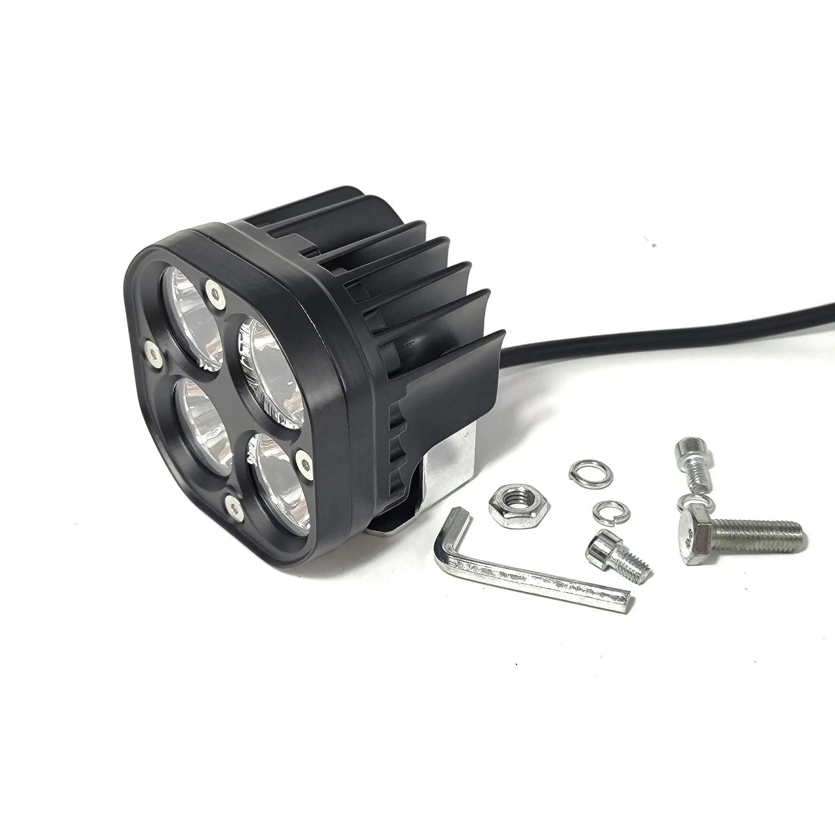 Four-eye clover spotlight headlight with aluminium base plate for vehicle modification.
