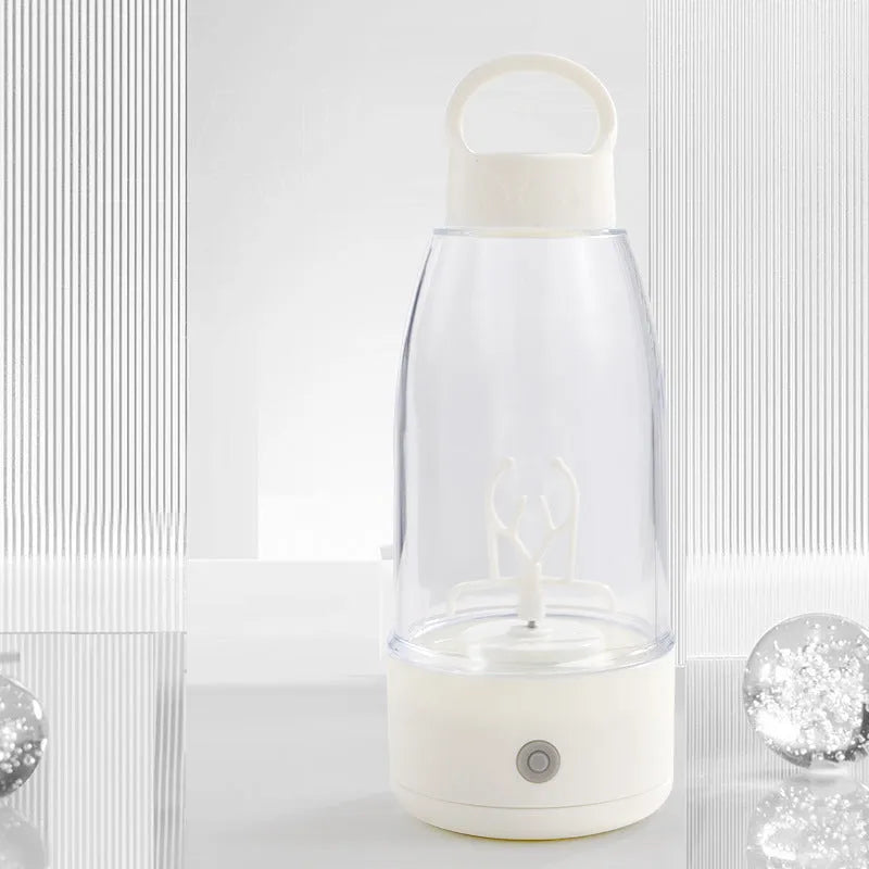 Automatic electric shaker bottle with USB port, handle, and blending motor in green, pink, or white colour.