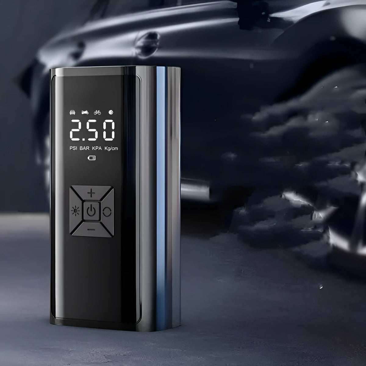 Portable wireless digital tyre pump with display screen, inflator hose and power connections