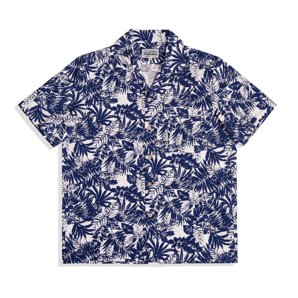 Vintage floral print seersucker shirt with a Cuban collar on a mannequin, showing loose cardigan fit.