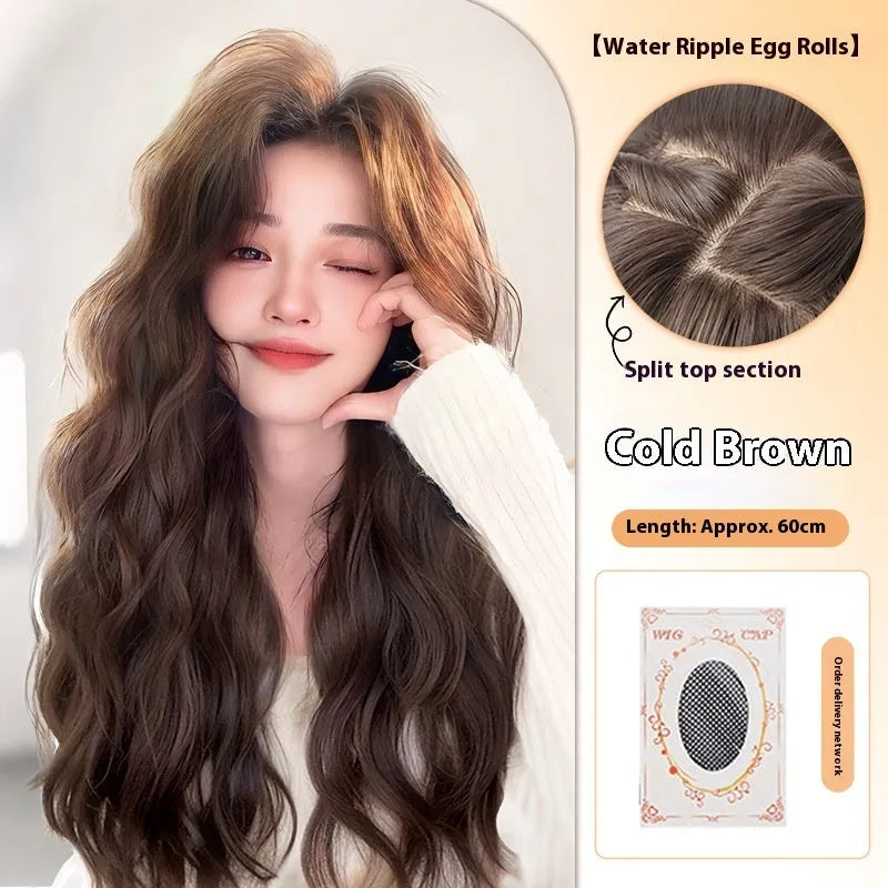 Full-head long curly artificial hair wig with side bangs in brown black colour.