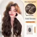 Full-head long curly artificial hair wig with side bangs in brown black colour.