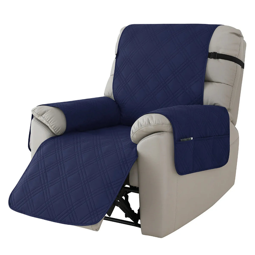 Quilted waterproof sofa cover fitted on a Chivas massage chair, shown in peacock blue colour.