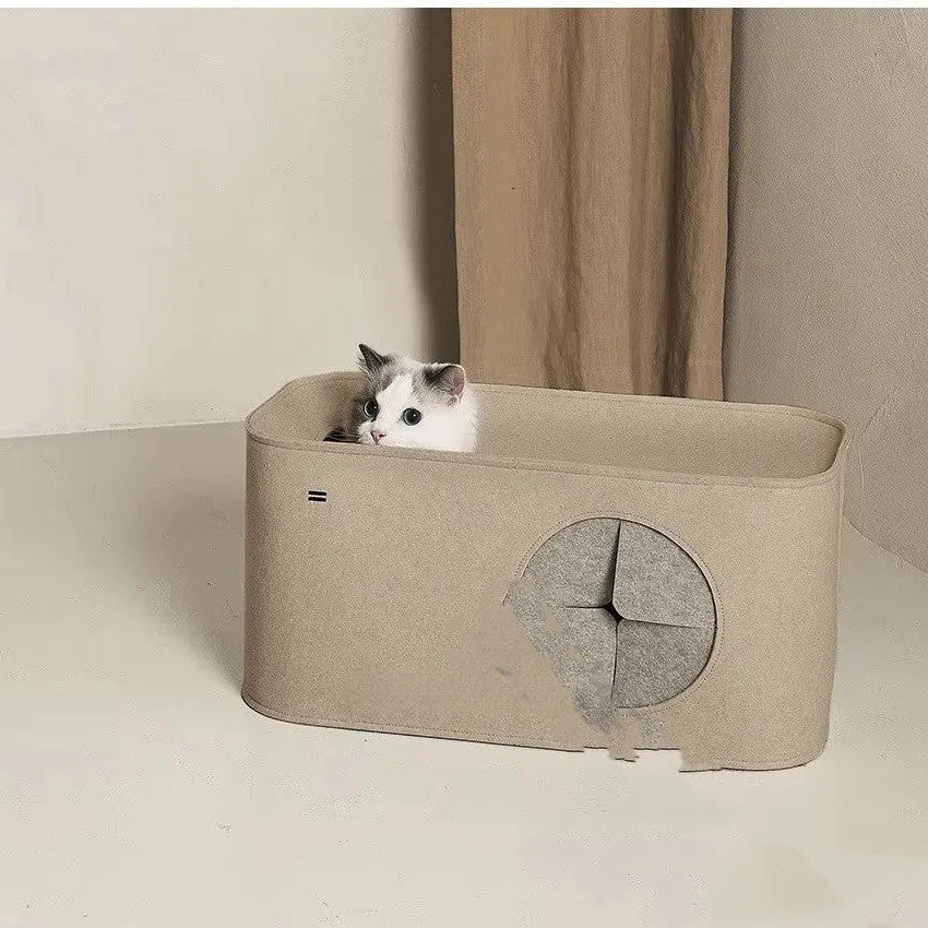 Foldable felt cat bed cage in khaki colour showing portable design