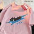 T-Diving Black Cat straight cut short sleeve cotton T-shirt in multiple colours for plus-size leisure wear