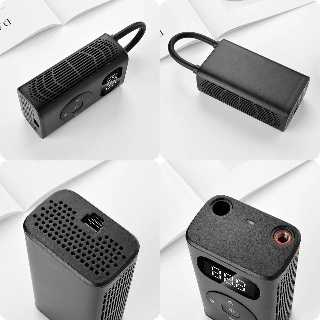 Black portable USB tyre inflator with digital display and air hose for cars and bikes.