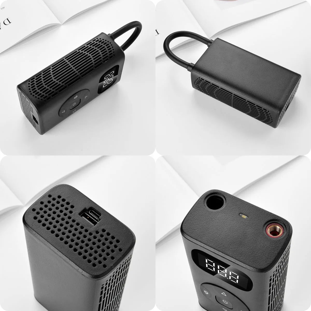 Black portable USB tyre inflator with digital display and air hose for cars and bikes.