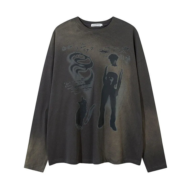 Loose grey cotton pullover top with long sleeves and letter pattern laid flat.