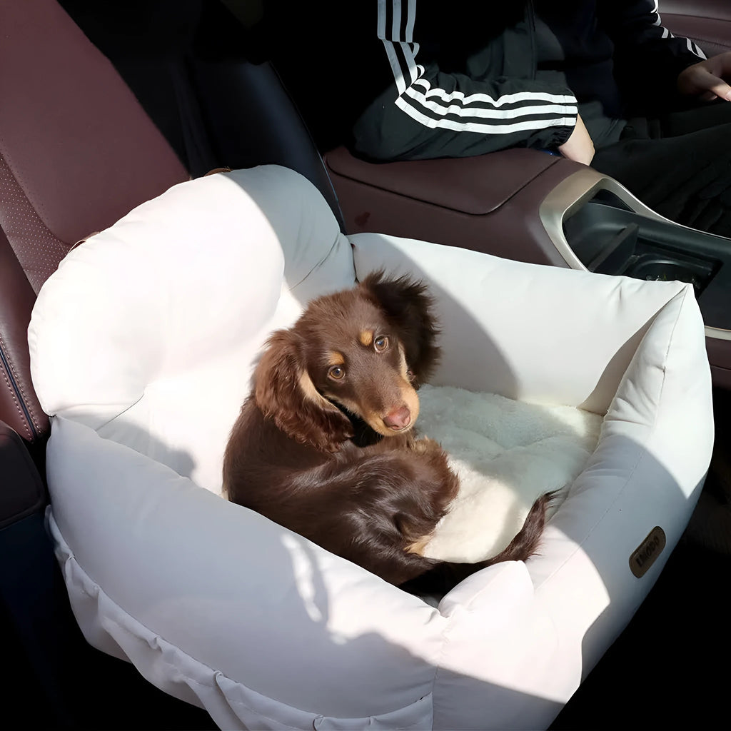 Milky white pet car nest with suede surface and PP cotton lining, 50x40x30cm, for small dogs and cats