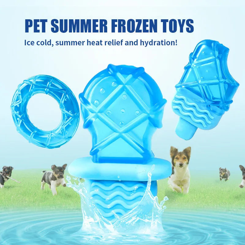 Set of three water-filled ice dog cooling toys including pacifier, popsicle mould, and ring shapes