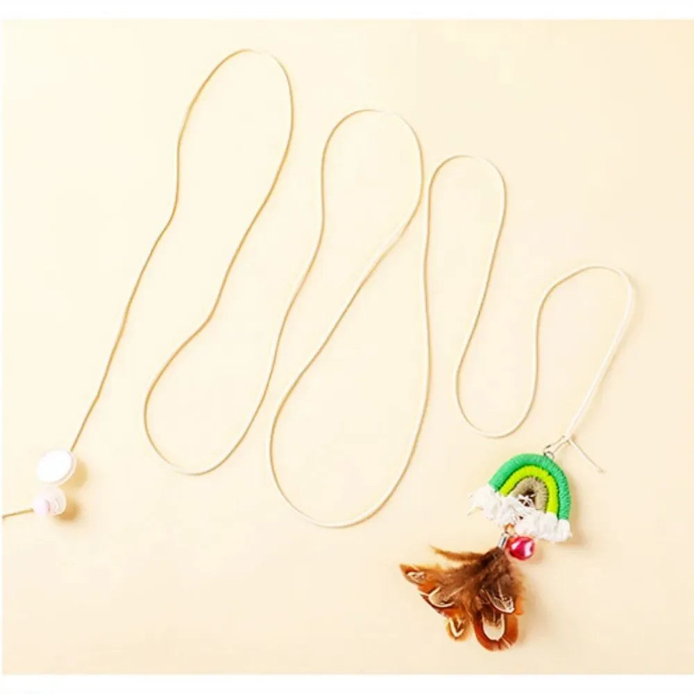 Blue feather cat rope door swing toy with elastic cord and sticky buckle clamp attached to door