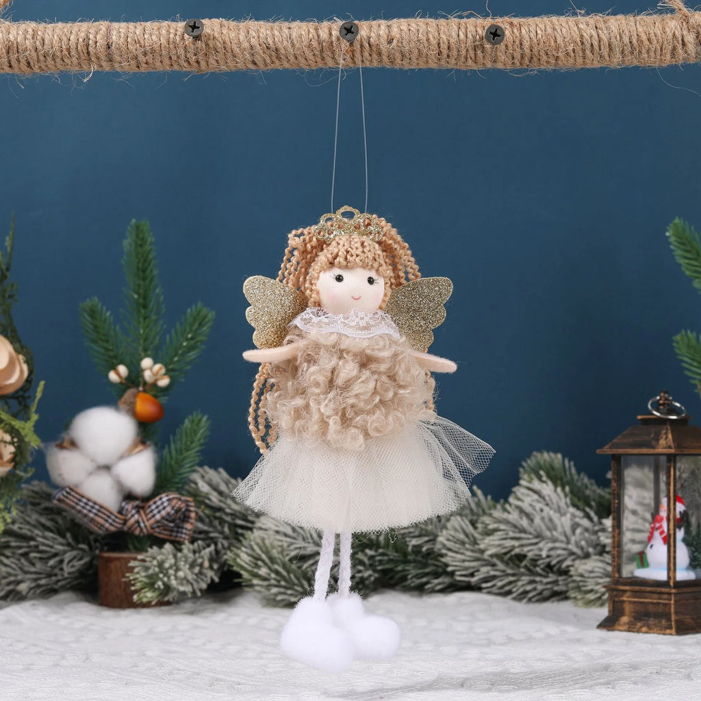 Fabric Christmas angel pendant hair clip with crown for high ponytails in khaki, pink, and white