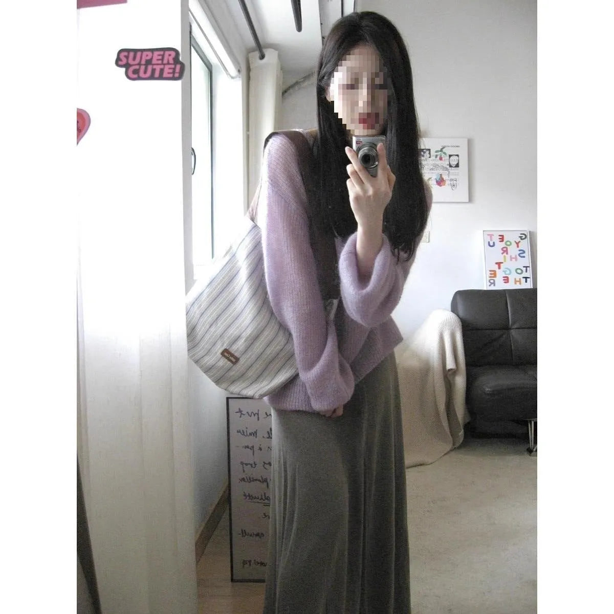 Purple women's ice silk sweater with hollow out design and princess sleeves