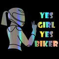 Cool Girl Rider character car sticker in black, white, or laser finish, measuring 16cm by 15cm.