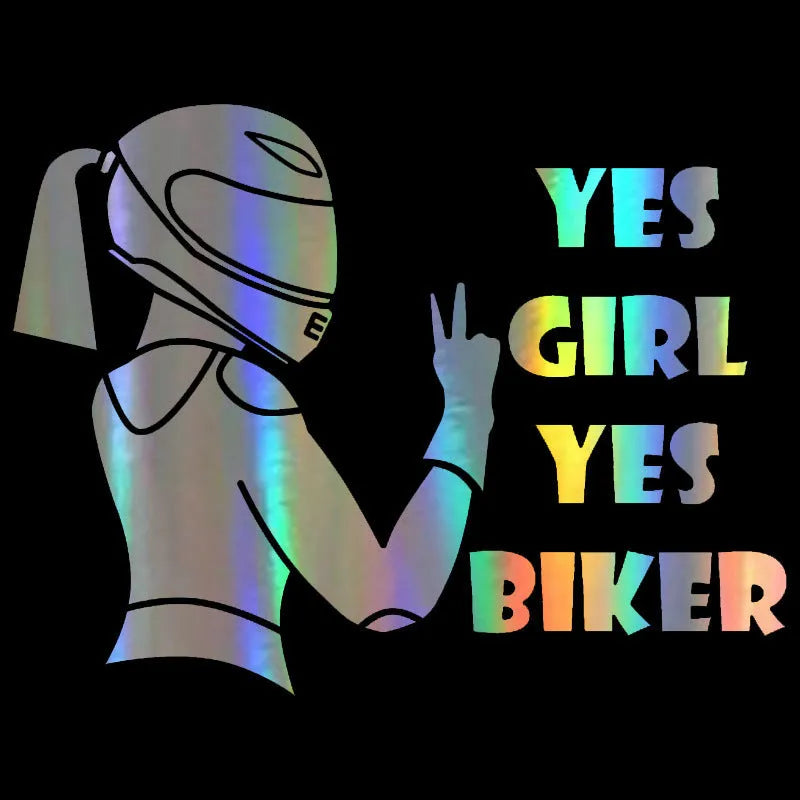 Cool Girl Rider character car sticker in black, white, or laser finish, measuring 16cm by 15cm.