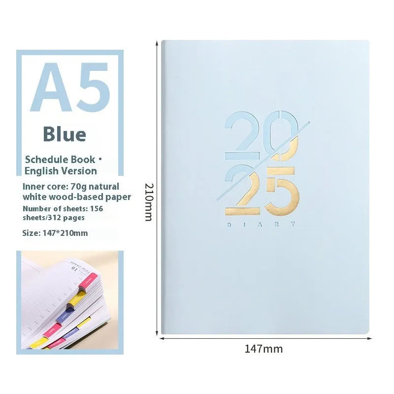 A5 soft faux leather 2025 daily planner book open on a desk, showing weekly schedule pages.
