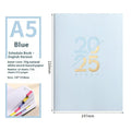 A5 soft faux leather 2025 daily planner book open on a desk, showing weekly schedule pages.