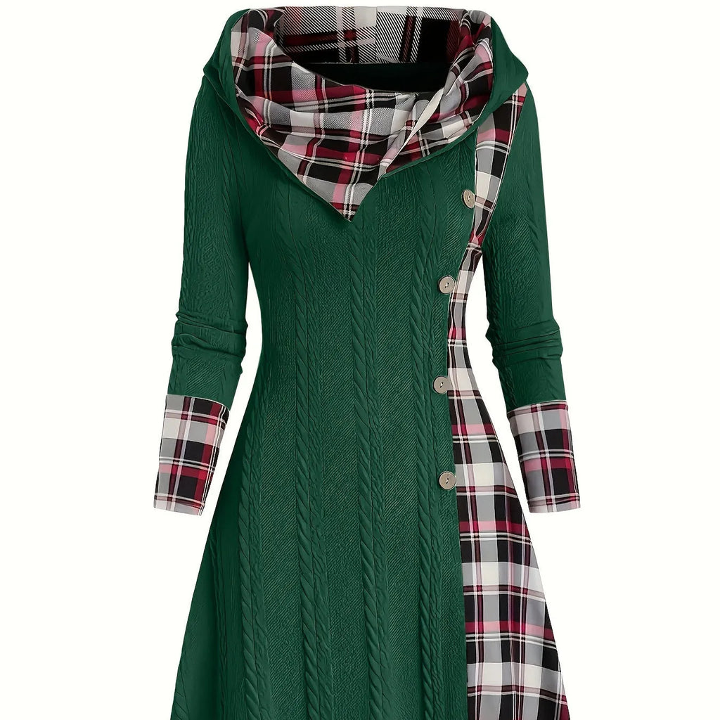 Women's hooded sunken stripe sweater pullover dress in solid colour with A-line mid waist and long sleeves