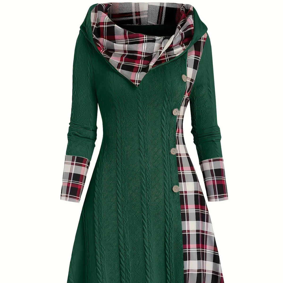 Women's hooded sunken stripe sweater pullover dress in solid colour with A-line mid waist and long sleeves