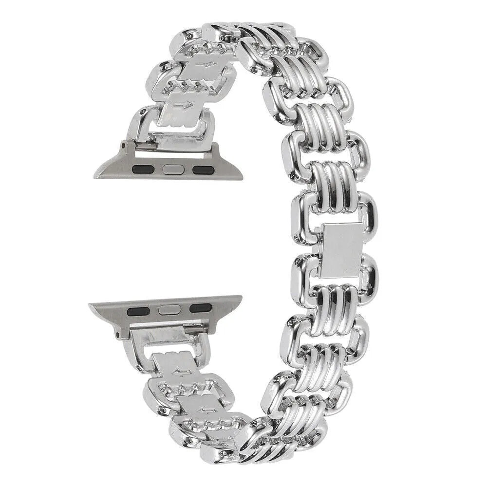 Alloy metal Apple Watch replacement bracelet in silver, black, gold, rose gold, and starlight colours with adjustable clasp.