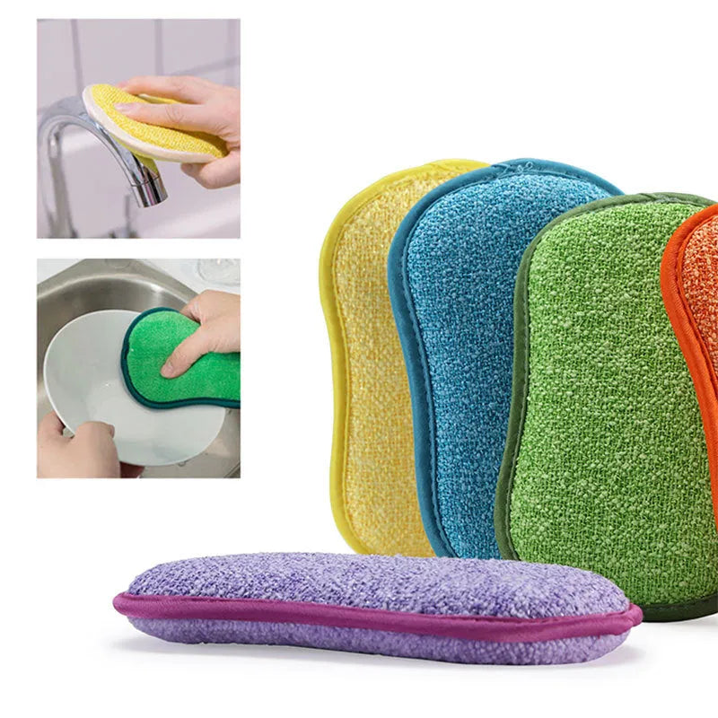 Double-sided kitchen cleaning sponge with microfiber scrub pad for washing bowls, pots and stainless steel surfaces