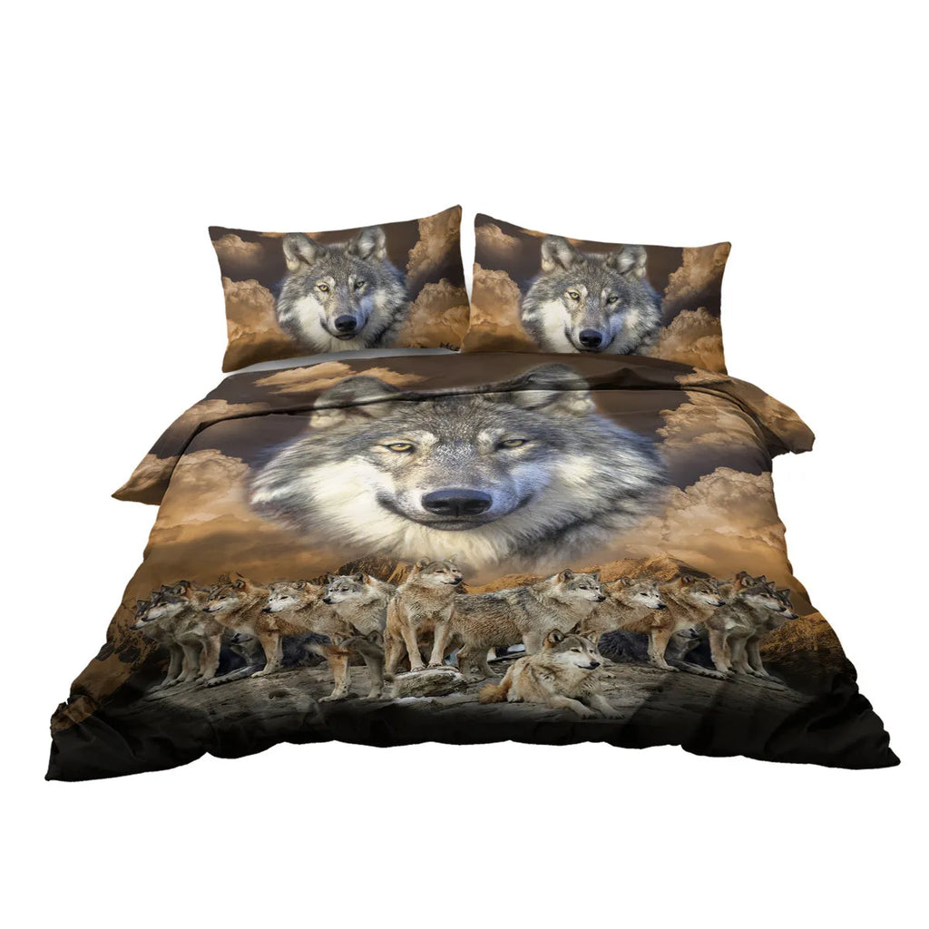 Brown 3-piece wolf print duvet set with microfiber comforter and two pillow shams on bed
