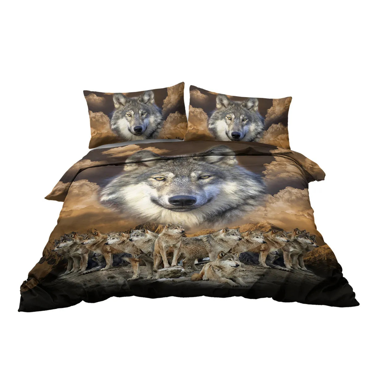 Brown 3-piece wolf print duvet set with microfiber comforter and two pillow shams on bed