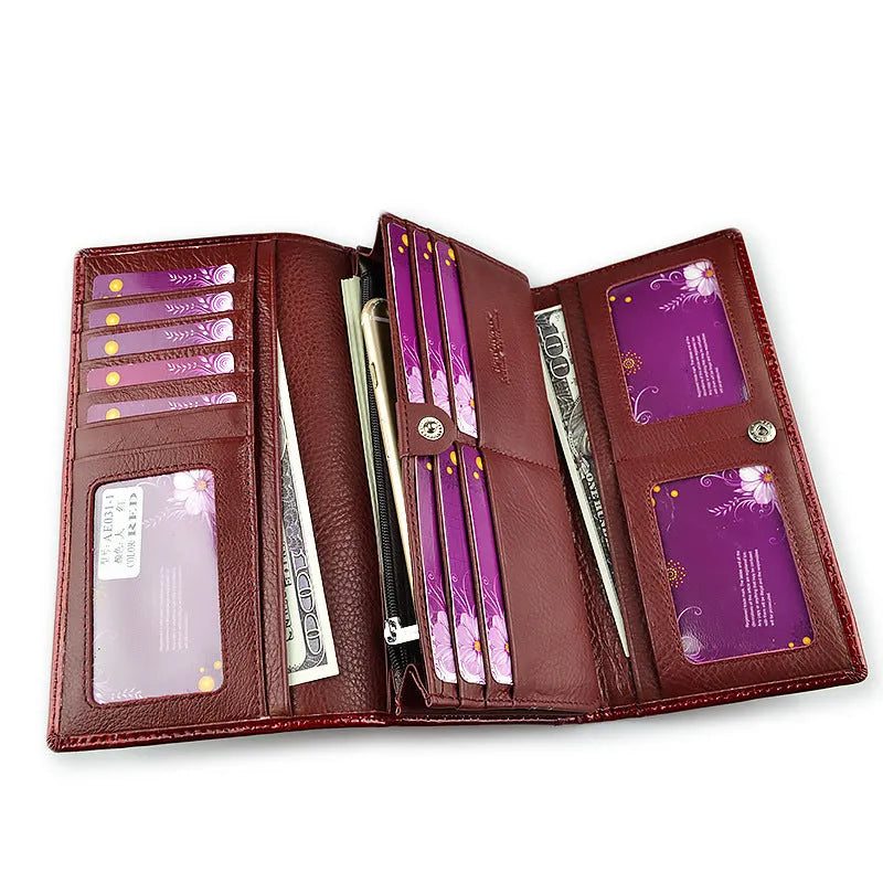 Women's leather coin purse with crocodile pattern texture in wine red, black, or red colours
